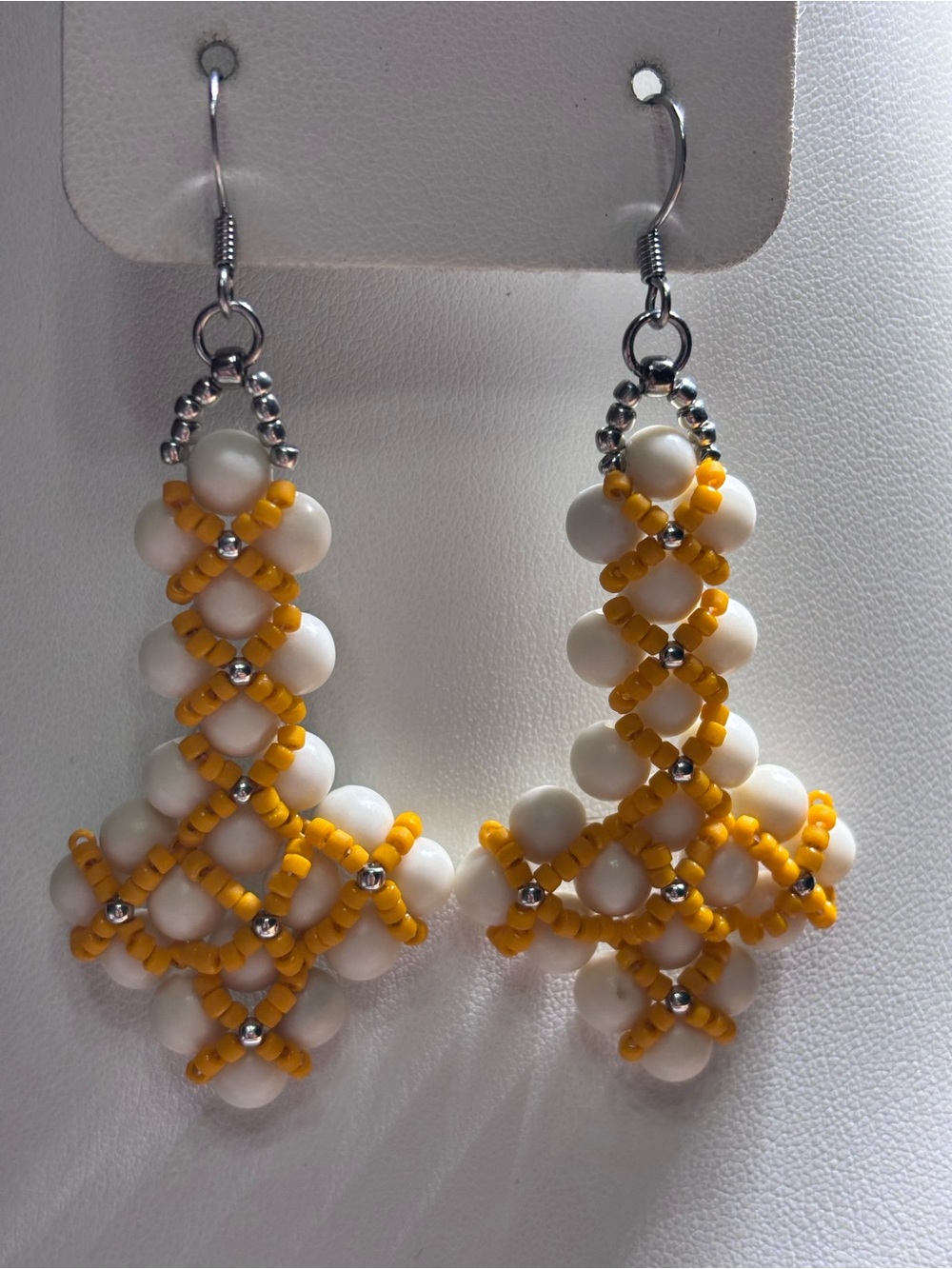 Ivory White Jasper and Yellow Beaded Drop Earrings 2.5 inches